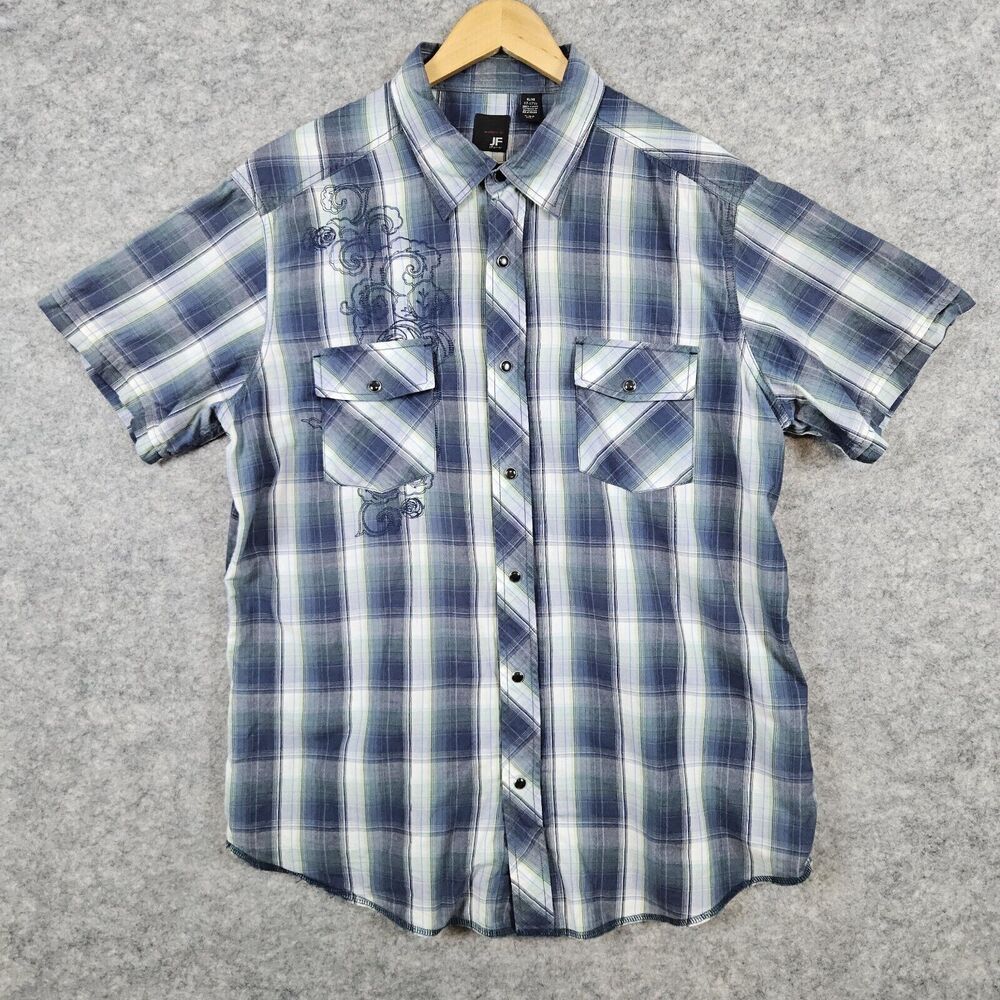 J. Ferrar Modern Fit Pearl Snap Size XL Blue & White Plaid Embroidered‎ Shirt